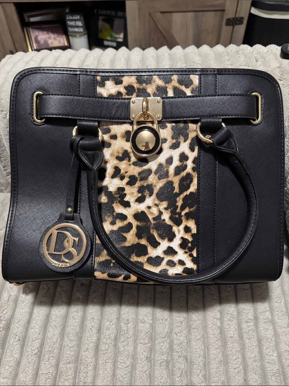 Black Leather Satchel with Leopard Haircalf Panel and Gold Accents